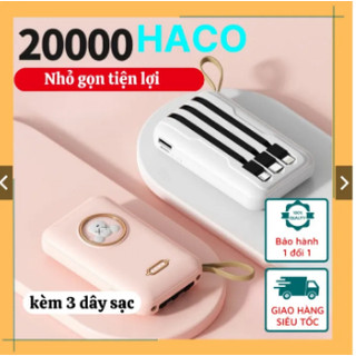 Cục sạc dự phòng 20000mAh mini cầm tay giá rẻ tích hợp 4 đầu sạc kiêm đèn pin chiếu sáng HACO10