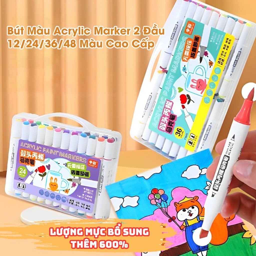 Bút Màu Acrylic Marker 2 Đầu 12/24/36/48 Màu Cao Cấp, Vẽ Lên Nhiều Chất Liệu - Hộp Màu Vẽ Tranh Màu Sắc Tươi Sáng