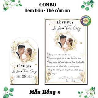 Tem bầu dán chai nước đám cưới dẹt bầu 330ml + Thẻ cảm ơn - mẫu Nâu 11