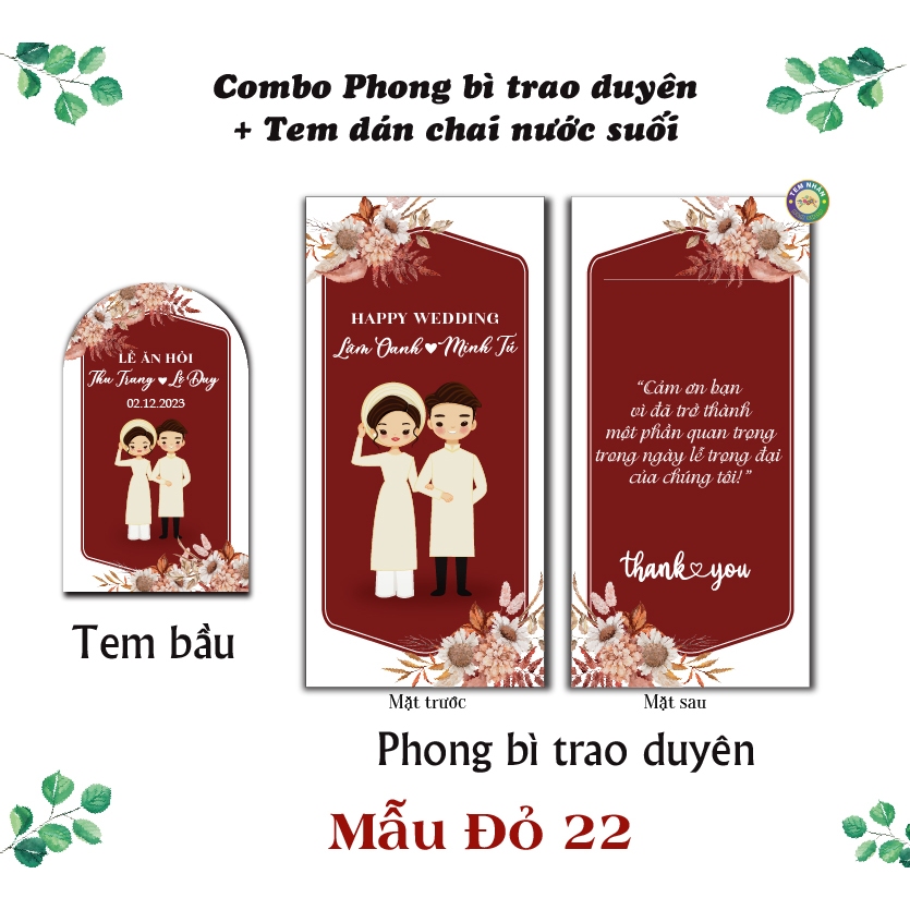 Combo Tem dán chai nước dẹt bầu + Bao lì xì trao duyên Đỏ 22