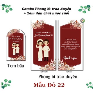 Combo Tem dán chai nước dẹt bầu + Bao lì xì trao duyên Đỏ 22