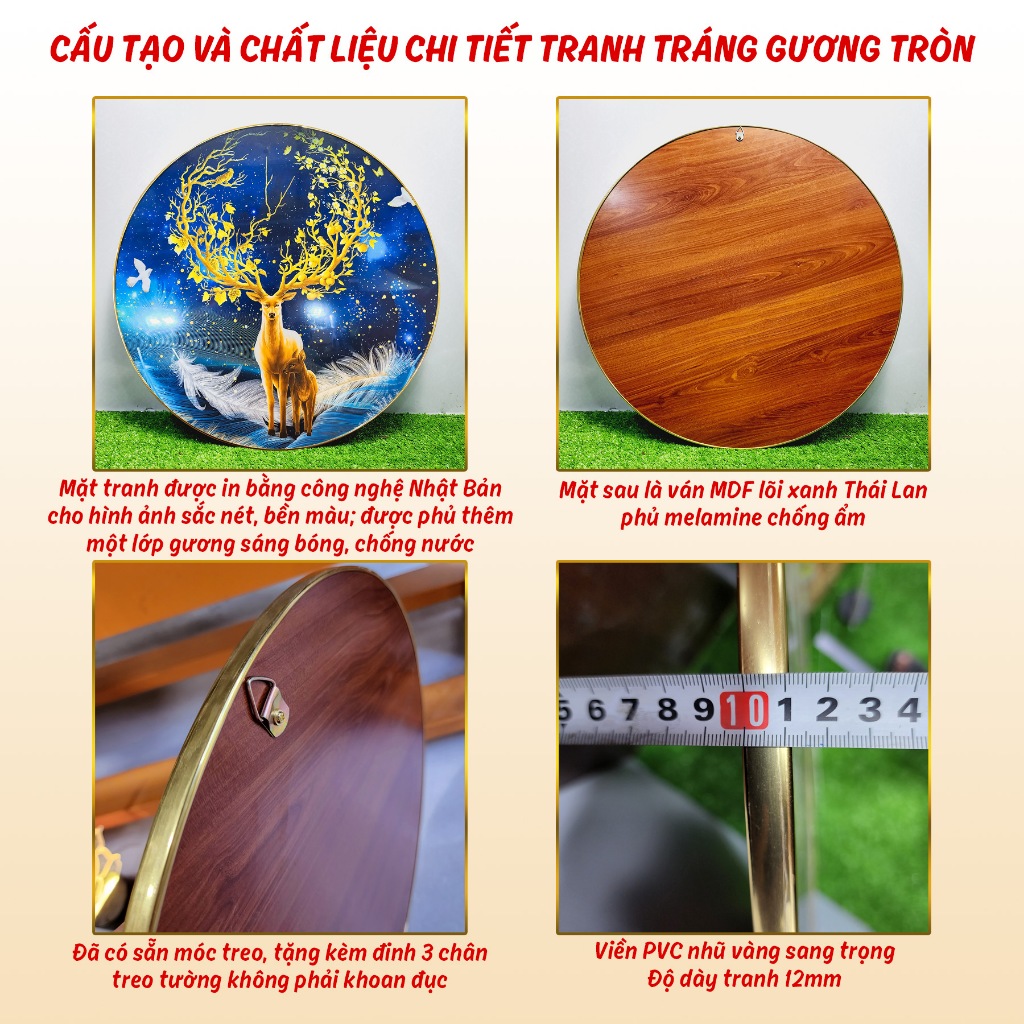 Tranh Tráng Gương Pha Lê Tròn CHÂN THIỆN MỸ, Decor Treo Tường Trang Trí Phòng Hoa Sen Cửu Ngư Quần Hội TG-T1-008