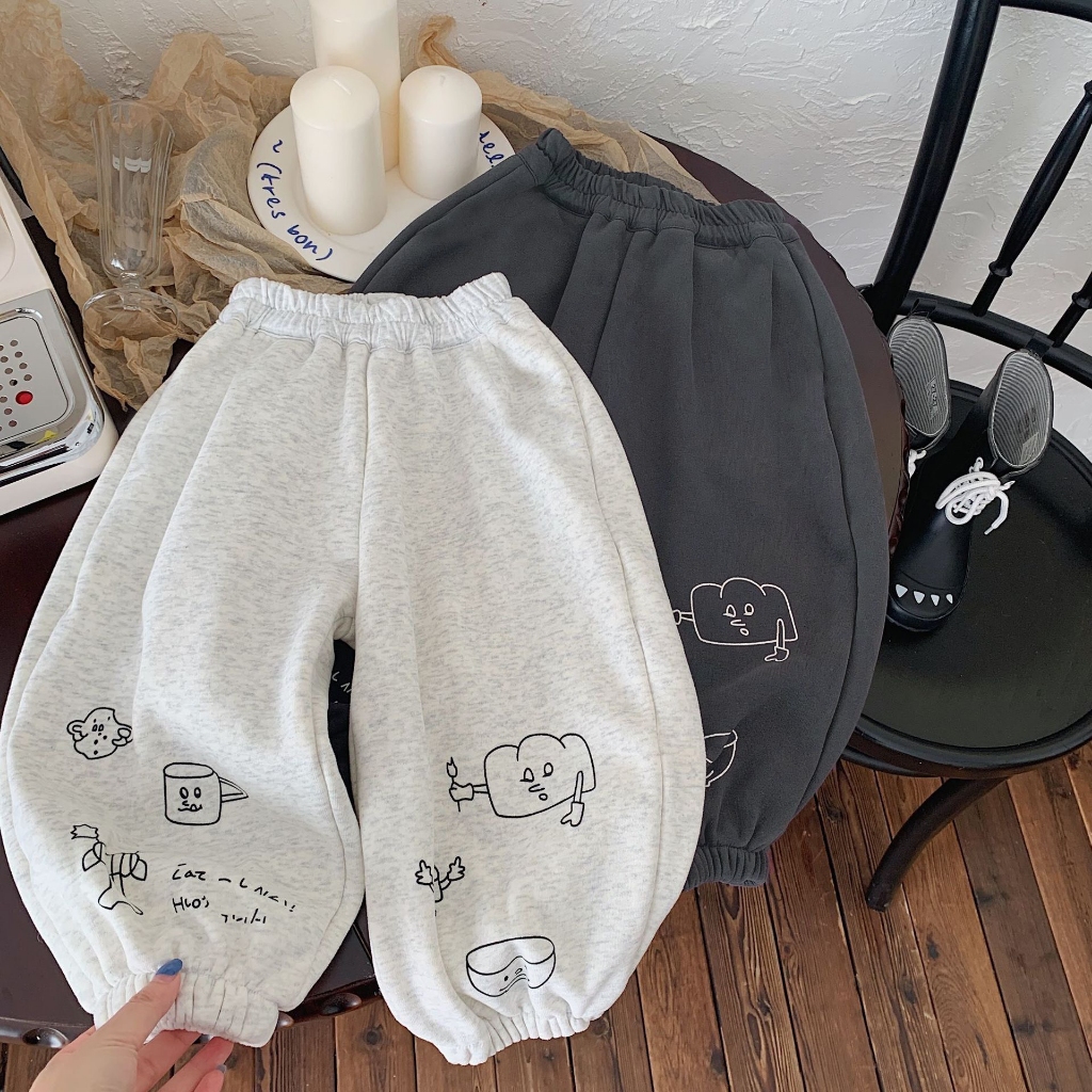 TE494- Quần nỉ bông không xù cho bé trai bé gái bo gấu hoạ tiết hoạt hình năng động size 8-16kg