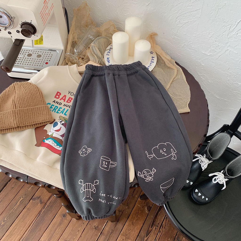 TE494- Quần nỉ bông không xù cho bé trai bé gái bo gấu hoạ tiết hoạt hình năng động size 8-16kg