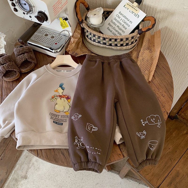 TE494- Quần nỉ bông không xù cho bé trai bé gái bo gấu hoạ tiết hoạt hình năng động size 8-16kg