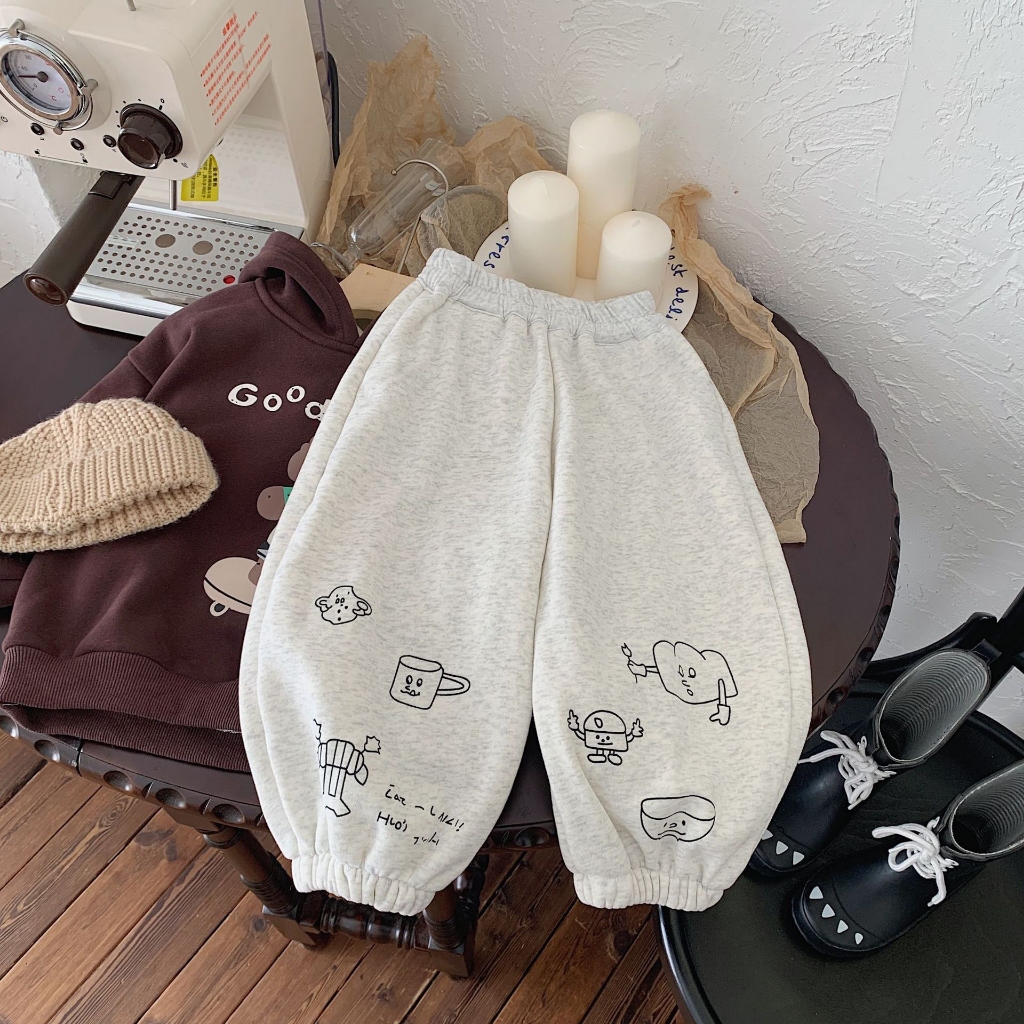 TE494- Quần nỉ bông không xù cho bé trai bé gái bo gấu hoạ tiết hoạt hình năng động size 8-16kg