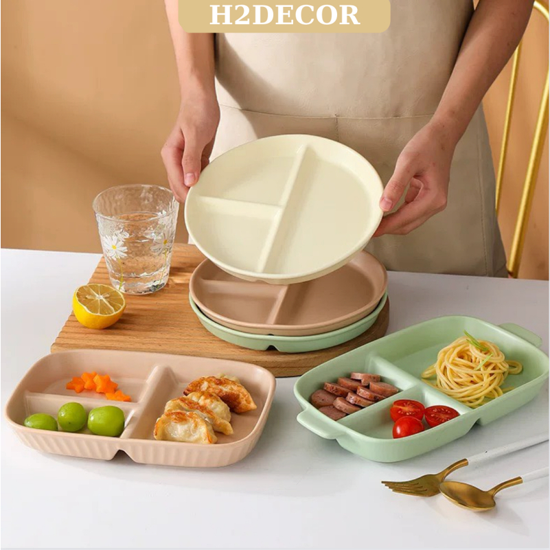 Đĩa sứ tròn, Đĩa sứ chữ nhật chia ngăn đựng thức ăn, đĩa ăn dặm cho bé tráng men gốm cao cấp màu pastel-H2DECOR