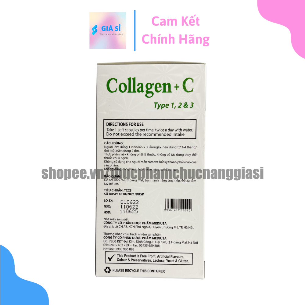 Viên uống COLLAGEN +C bổ sung collagen, vitamin e giúp chống lão hóa, cải thiện nếp nhăn - Hộp 60 viên dùng 30 ngày