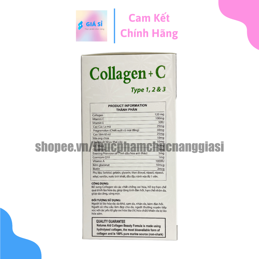 Viên uống COLLAGEN +C bổ sung collagen, vitamin e giúp chống lão hóa, cải thiện nếp nhăn - Hộp 60 viên dùng 30 ngày
