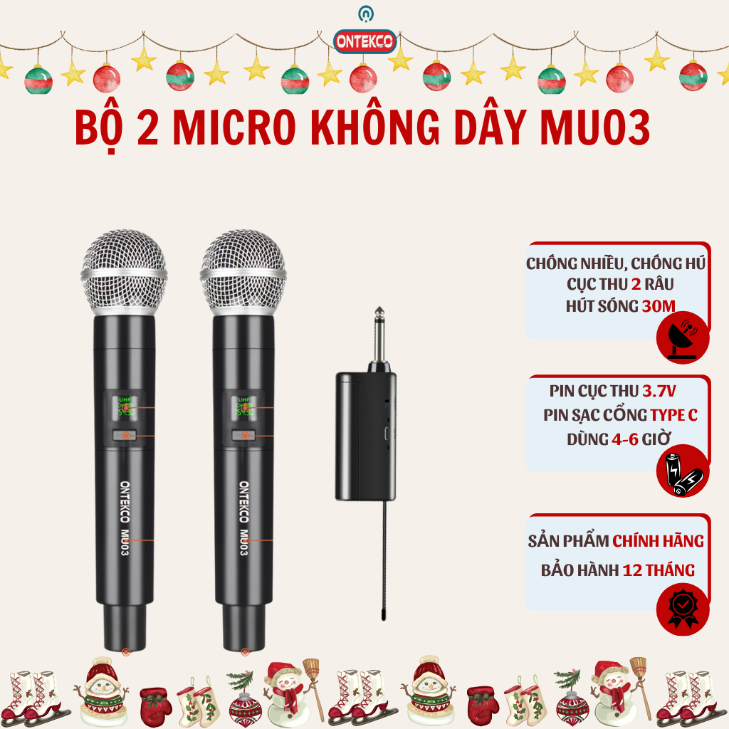 Bộ micro không dây bluetooth ONTEKCO MU03 hát karaoke chống hú, pin sạc, phù với với tất cả loa kéo và amply