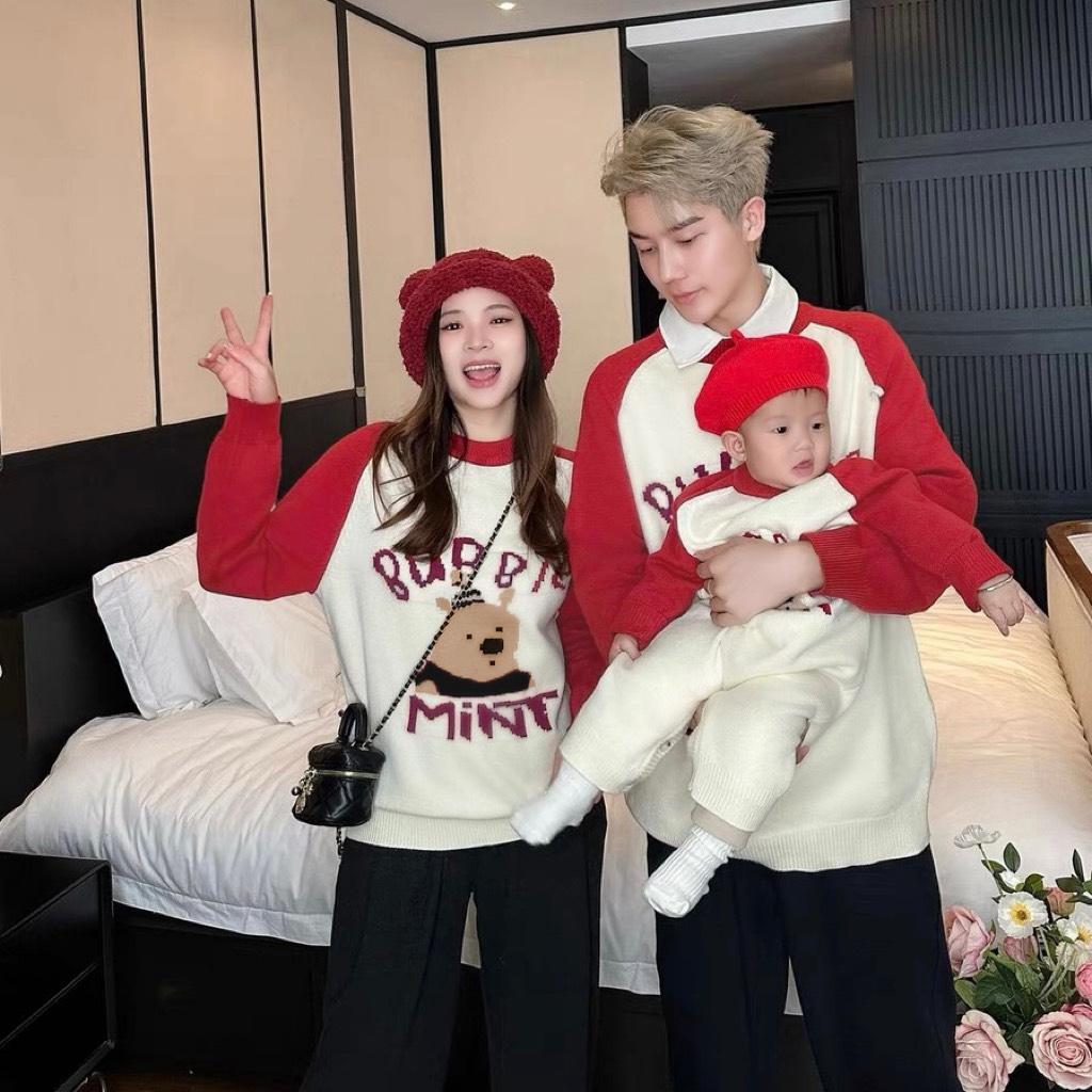 TE495 -Áo sweater gia đình Noel hình gấu phối màu siêu đẹp chất nỉ ép 2 da dày dặn mềm mịn, áo đôi mẹ bé