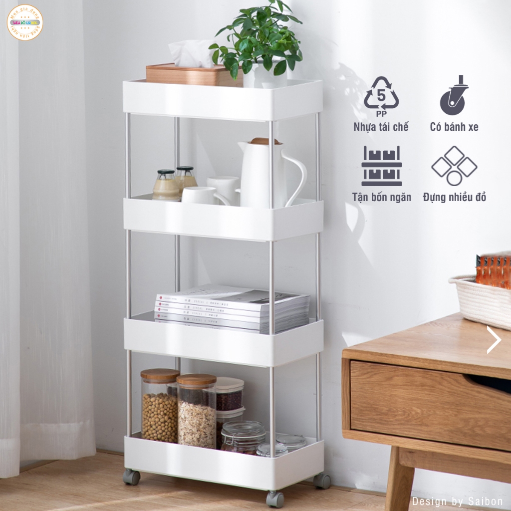 Kệ Để Đồ Đa Năng 4 Tầng Có Bánh Xe Di Chuyển Tiện Lợi Màu Sắc Trắng Be Chất Liệu ABS Dùng Làm Kệ Gia