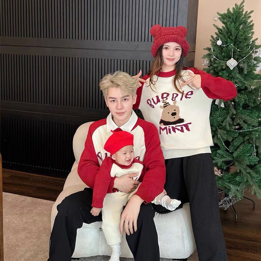 TE495 -Áo sweater gia đình Noel hình gấu phối màu siêu đẹp chất nỉ ép 2 da dày dặn mềm mịn, áo đôi mẹ bé