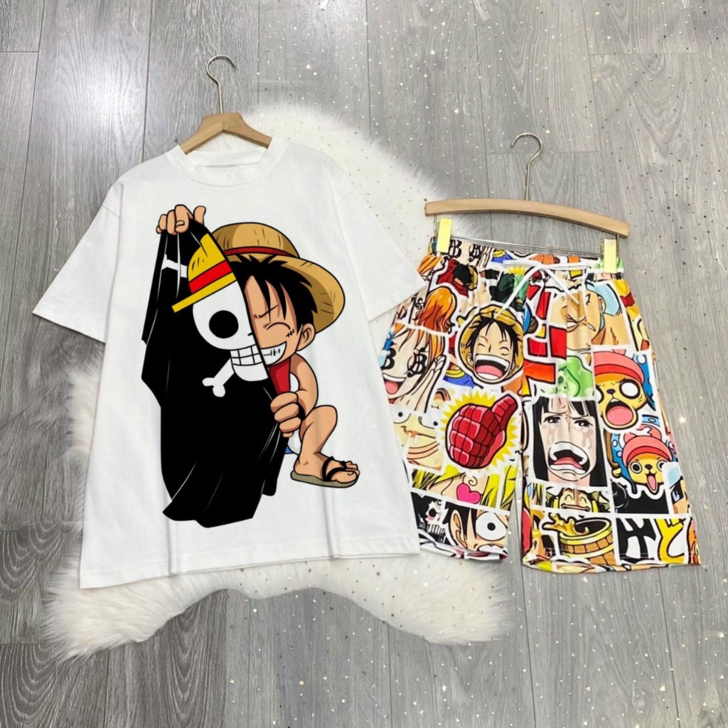 Set Bộ Hoạt Hình One Piece Áo Thun Monkey D. Luffy Zoro Chopper Tay Lỡ Phối Quần Cartoon Đùi Dáng Rộng Unisex O2 - MM