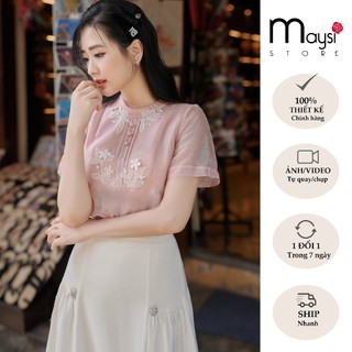 Áo sơ mi thiết kế thêu hoa màu hồng Maysi