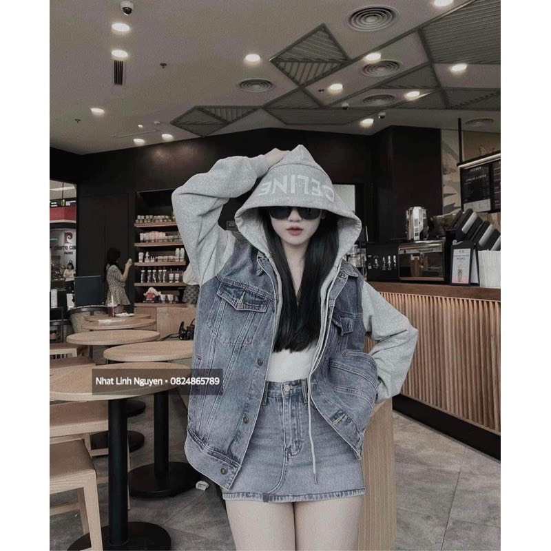 Áo Khoác Jean Có Mũ Trùm Nỉ In Chữ CELINE Form Rộng Unisex X16