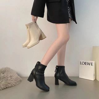Giày bốt nữ cổ cao đế trụ 5cm lót lông khóa sau boot nữ cổ thấp da mềm đứng phom
