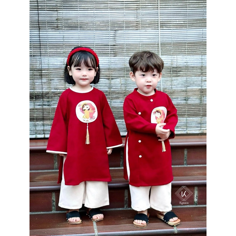 Áo dài bé trai, áo dài cách tân bé gái cao cấp đính nơ điệu đà chất liệu nhung cao cấp - AN35