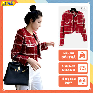 Áo khoác dạ đỏ nữ khoác Thu Đông chất dạ Tweed hai nắp túi cổ tàu C&H Clothing
