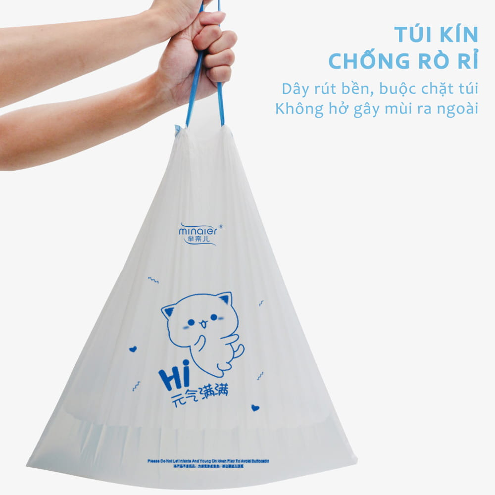 Túi Đựng Rác Dây Rút Minaier Chống Rò Rỉ Nước, Cuộn 100 Túi Rác Dây Rút Không Sợ Bẩn Tay Siêu Dai Kích Thước 45x50Cm