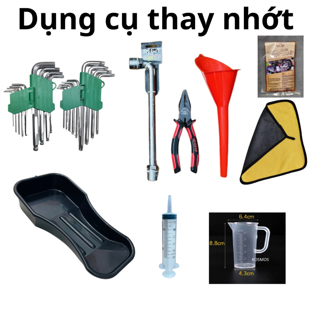 Bộ dụng cụ thay nhớt toàn diện tại nhà dùng cho xe máy(diếu khay xả nhớt lục giác kiềm ca quặng khăn ốc xã nhớt)