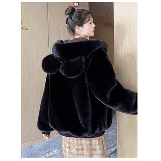 Áo khoác lông thỏ tai gấu có mũ họa tiết đẹp - áo lông thỏ có mũ form rộng phối vệt họa tiết thời trang