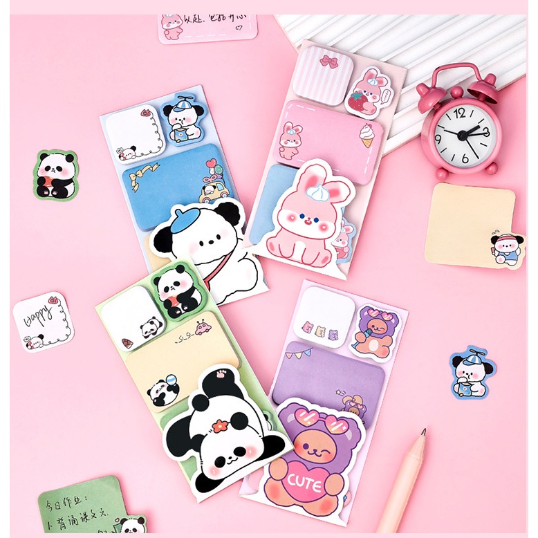 Giấy nhớ ghi chú bóc dán nhiều hình gấu trúc gấu thỏ dễ thương, giấy note cute đáng yêu gồm 4 tập