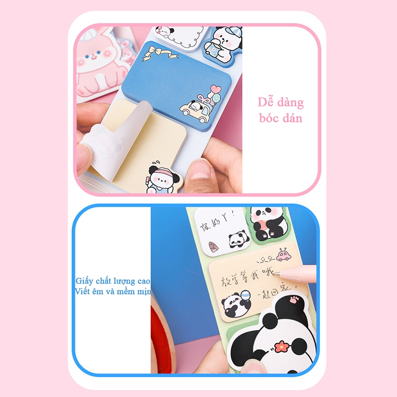 Giấy nhớ ghi chú bóc dán nhiều hình gấu trúc gấu thỏ dễ thương, giấy note cute đáng yêu gồm 4 tập
