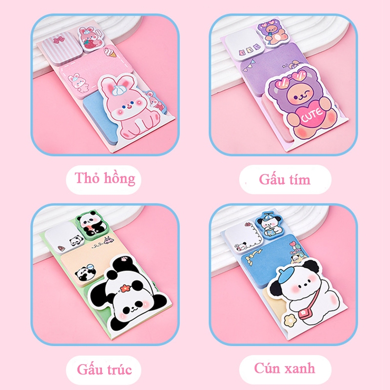 Giấy nhớ ghi chú bóc dán nhiều hình gấu trúc gấu thỏ dễ thương, giấy note cute đáng yêu gồm 4 tập
