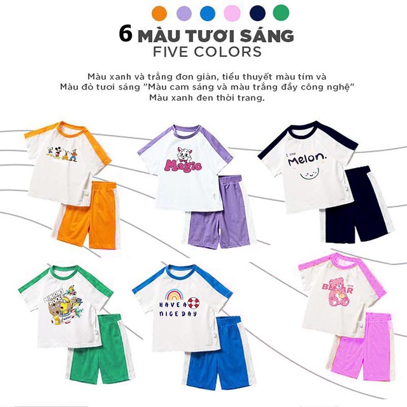 Đồ bộ quần áo cộc tay in hình cho bé trai bé gái Medokids giáp lăng ống tay phối màu từ 10 đến 32kg
