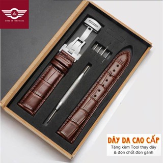 Dây đeo cho đồng hồ CITIZEN, da bò dập vân cá sấu, chống hút mồ hôi, khoá bướm 2 nút bấm màu bạc