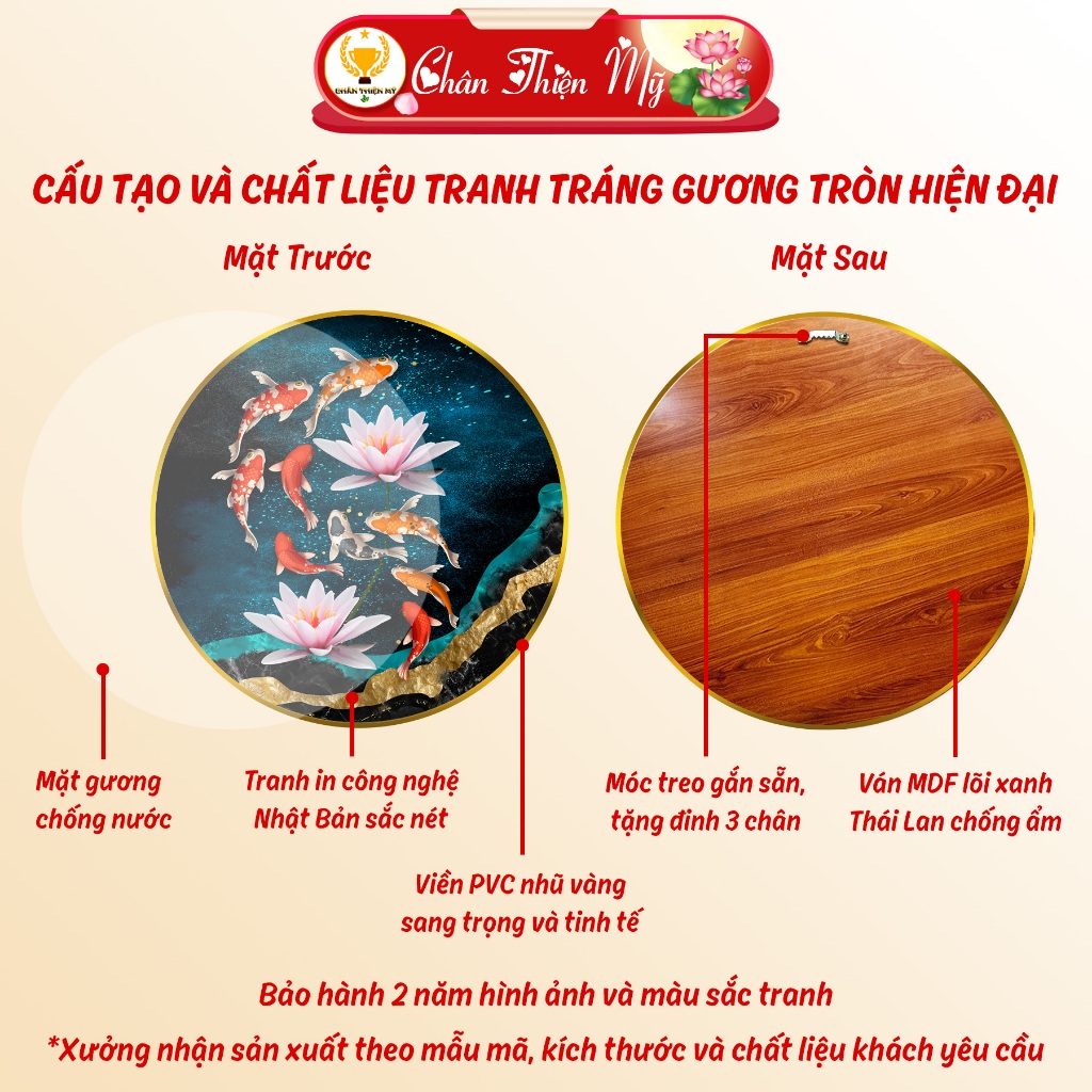 Tranh Tráng Gương Pha Lê Tròn CHÂN THIỆN MỸ, Decor Treo Tường Trang Trí Phòng Cửu Ngư Quần Hội TG-T1-123