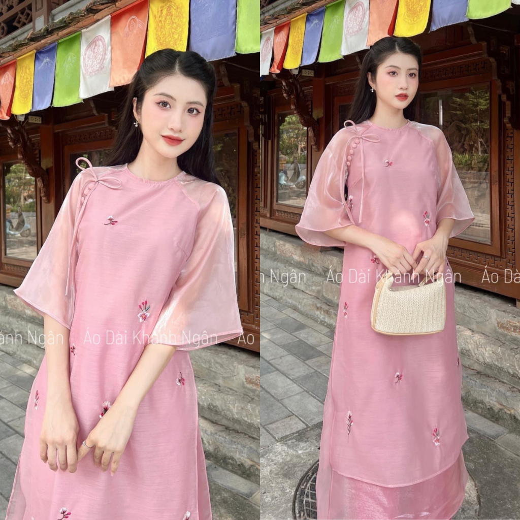 Áo dài cách tân 4 tà dáng suông thêu hoa nổi siêu xinh GUM OFFICIAL, Áo dài cách tân hoa cúc thêu nổi 4 màu