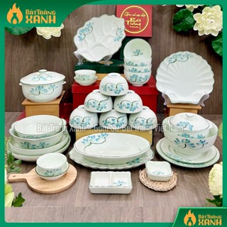 Bát, đĩa, tô, chén ăn cơm Bát Tràng Men Kem Vẽ Tay Hoa Sen Xanh - Hàng loại 1 Dùng Được Máy Rửa Bát và Lò Vi Sóng