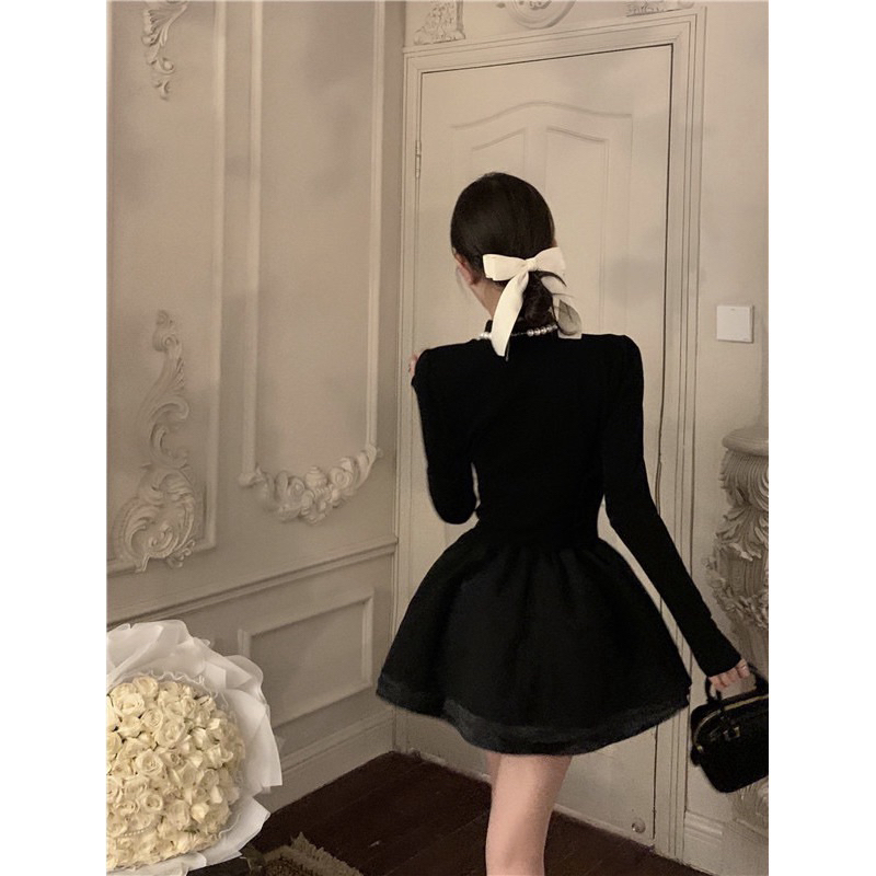 [Hang San]Đầm đen tay dài dáng xoè cổ điển  Váy thun phối tafta thiết kế ôm eo tôn dáng sang chảnh đi dự tiệc hottrend