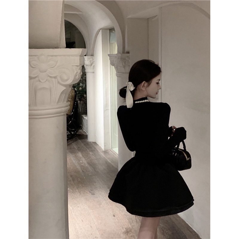 [Hang San]Đầm đen tay dài dáng xoè cổ điển  Váy thun phối tafta thiết kế ôm eo tôn dáng sang chảnh đi dự tiệc hottrend
