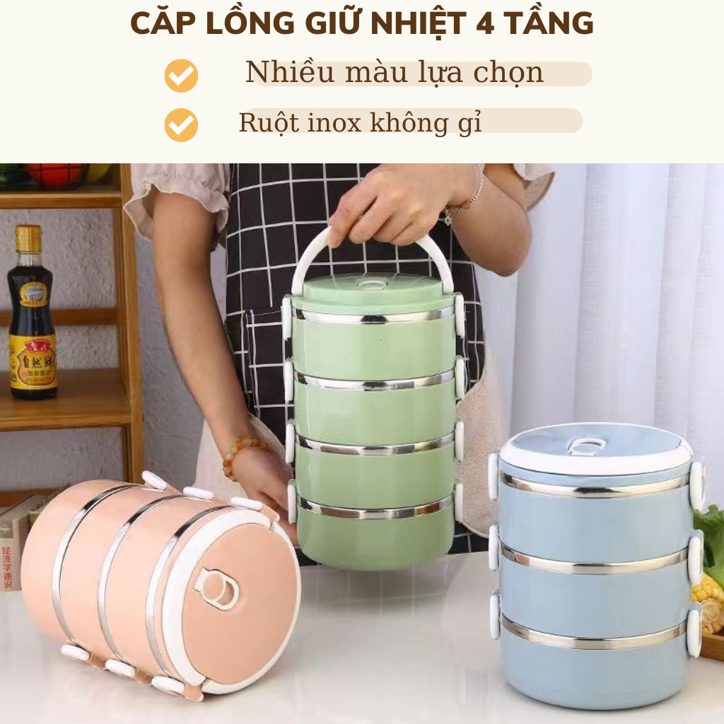 Cặp Lồng Cơm Giữ Nhiệt Lúa Mạch 4 TẦNG cao cấp, hộp cơm giữ nhiệt ruột inox