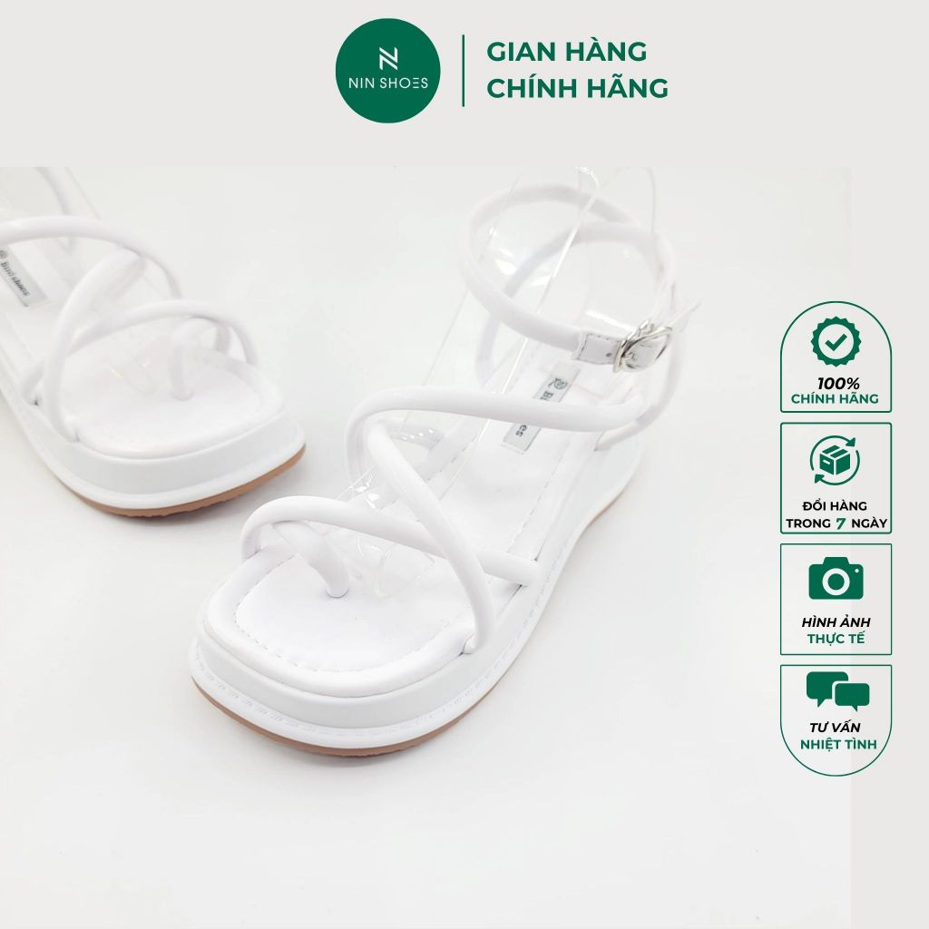 Dép sandal nữ đế cao Nin shoes 4 phân Dép dây nữ sandal đế bằng mũi vuông xở ngón quai chéo cài êm chân
