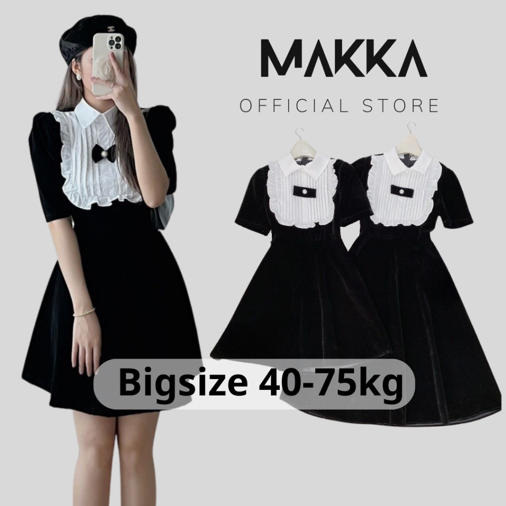 Đầm nữ BIGSIZE MAKKA váy nhung đen cổ sơ mi phối nơ pha bèo trắng tiểu thư 556