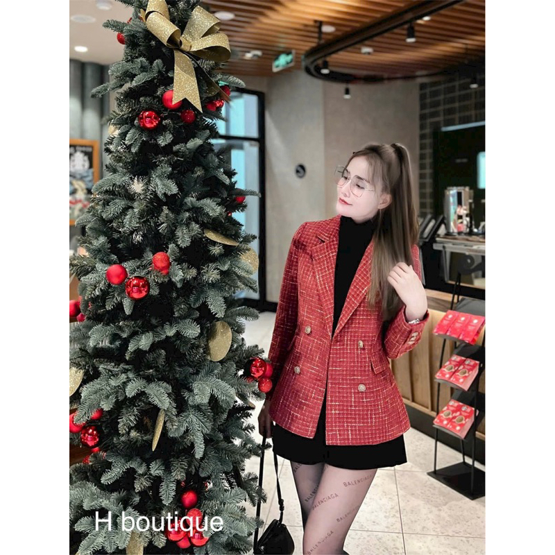 Áo vest dạ tweed vạt chéo cúc đồng