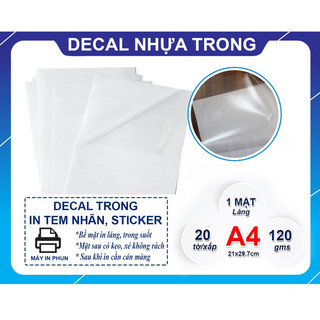 DECAL PVC TRONG SUỐT A4 IN PHUN MỰC GỐC NƯỚC ( xấp 20 tờ)