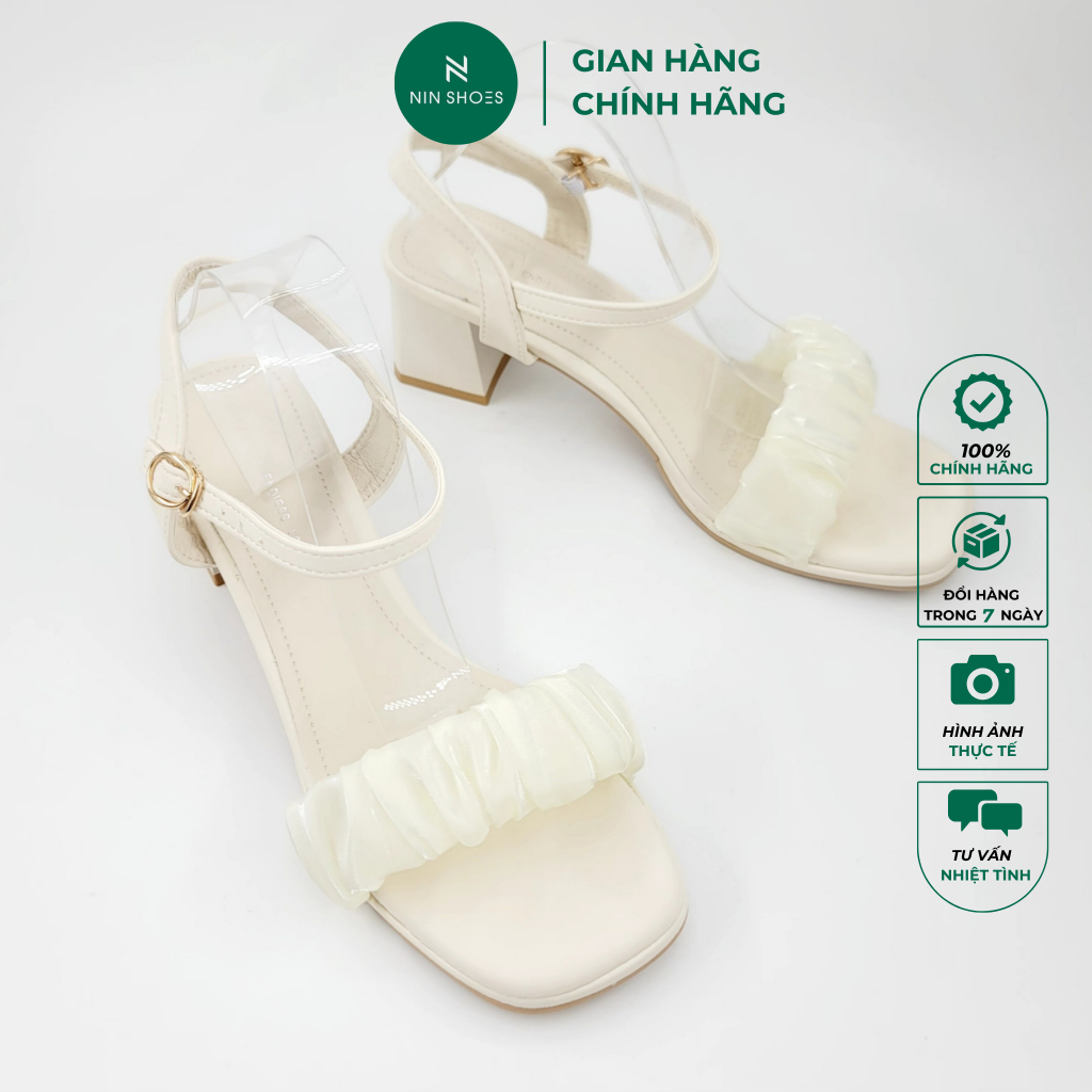 Giày nữ Ninshoes Giày Sandal cao gót  5p đế vuông mũi vuông quai nhúm khuy cài quai hông hot trend 2023