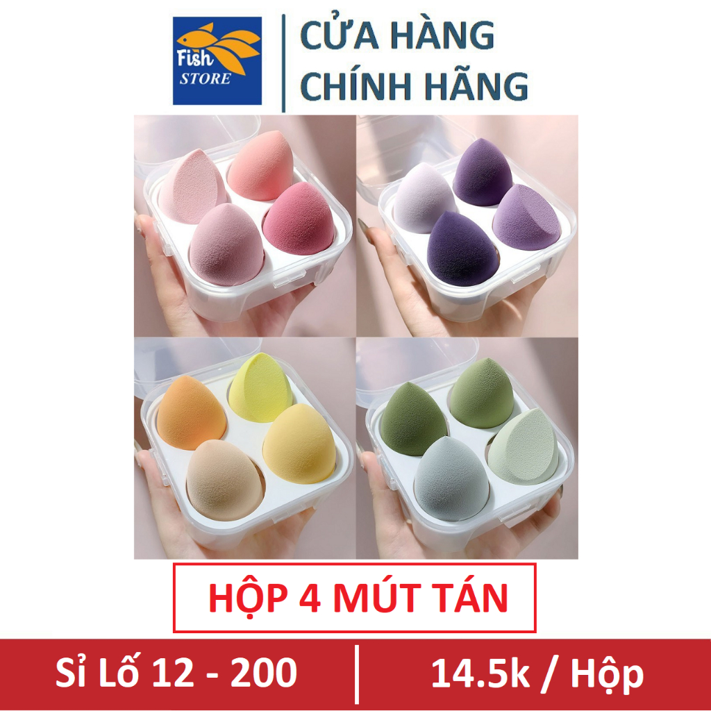 Hộp 4 mút trang điểm - Mút tán kem nền có hộp nhựa đựng tiện dụng