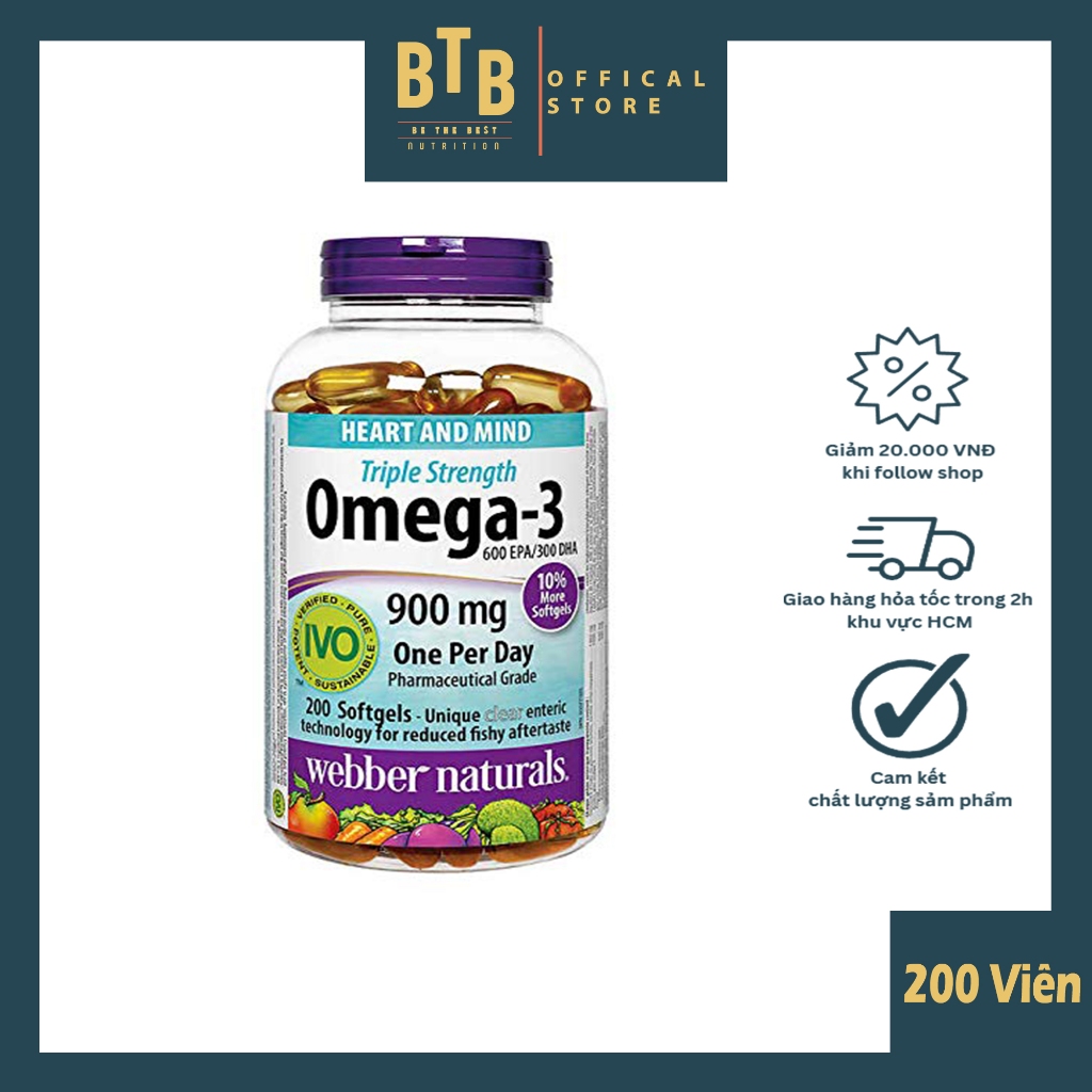 Viên uống dầu cá Triple Strength OMEGA-3 200 viên hàm lượng EPA, DHA cao hỗ trợ sáng mắt bổ não từ hãng WEBBER NATURALS