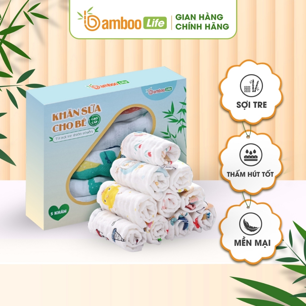 Set 5 khăn sữa cho bé Bamboo Life chính hãng chất liệu sợi tre 30x30 cm mềm mịn thấm hút kháng khuẩn an toàn cho bé