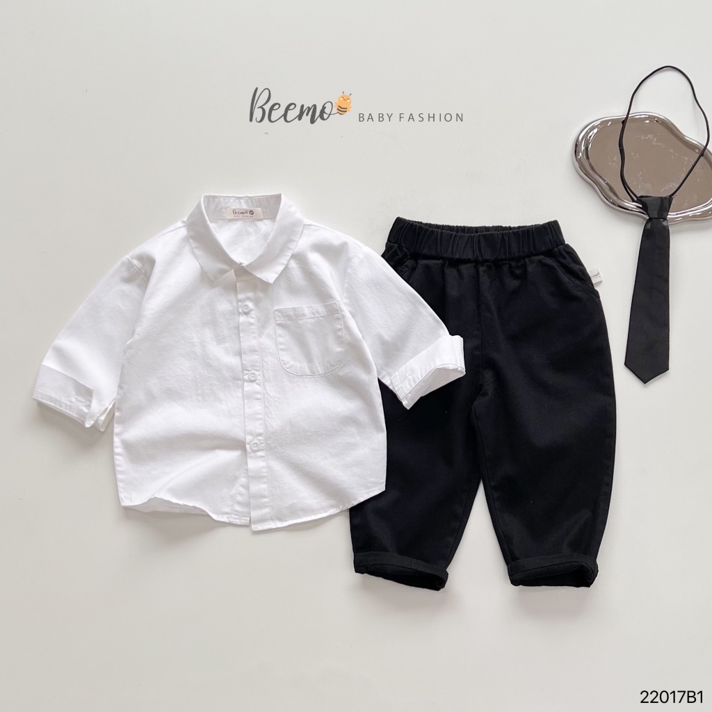 Set sơ mi kèm cavart cho bé trai Beemo, Chất liệu thô Hàn, quần kaki mềm mại B108