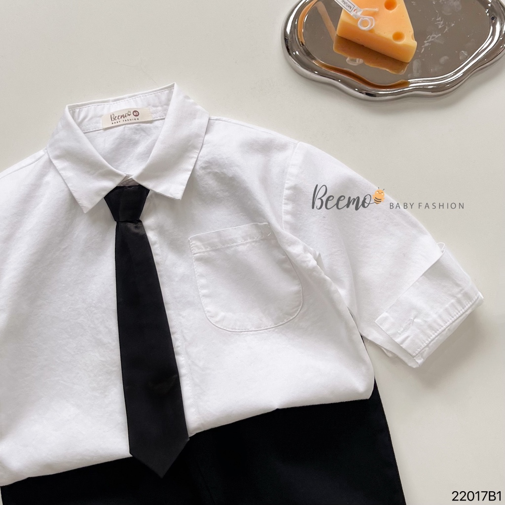 Set sơ mi kèm cavart cho bé trai Beemo, Chất liệu thô Hàn, quần kaki mềm mại B108
