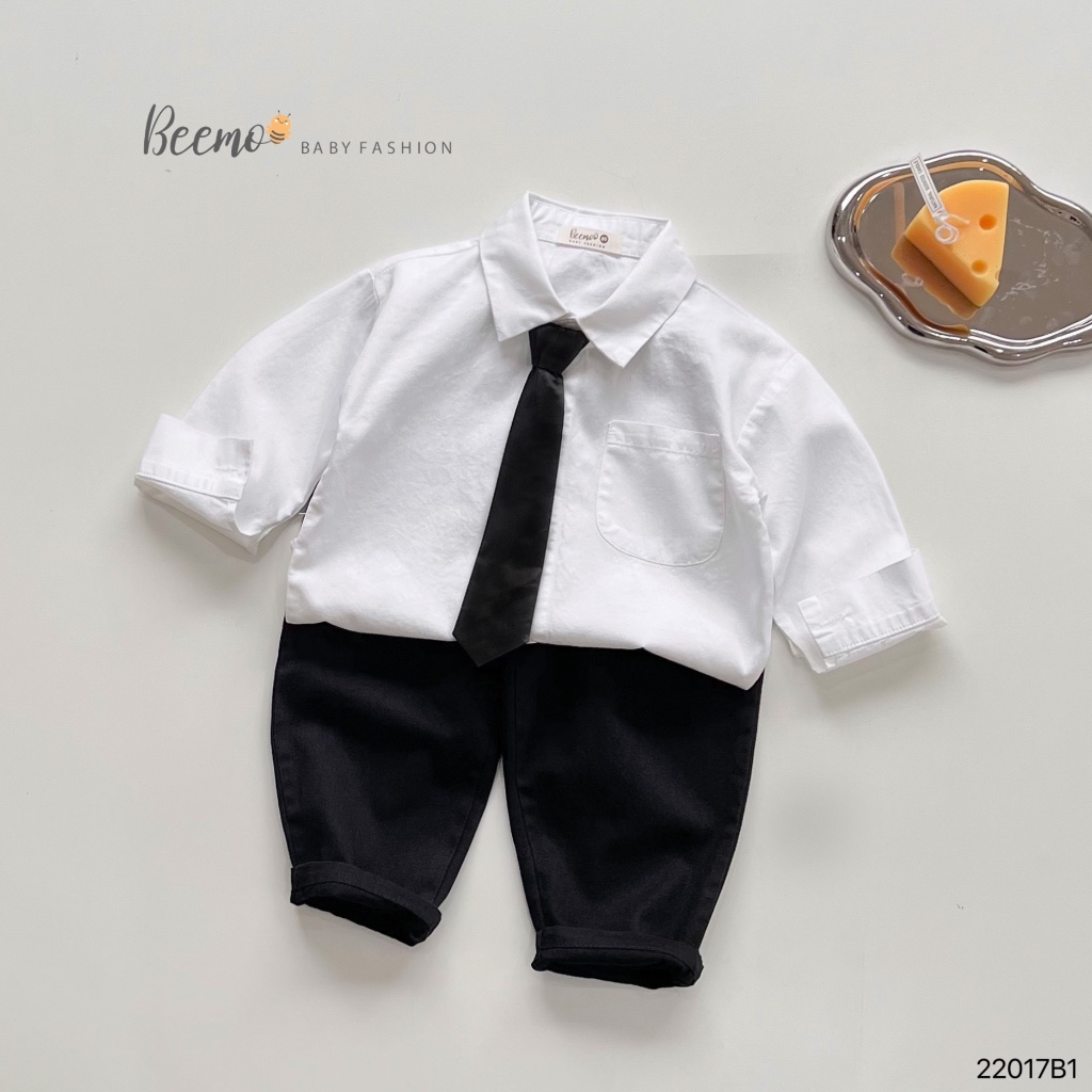 Set sơ mi kèm cavart cho bé trai Beemo, Chất liệu thô Hàn, quần kaki mềm mại B108