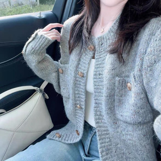 Áo Khoác Cardigan Dệt Kim Xám Nhạt Hàng Quảng Châu Loại 1 Len Mềm Cao Cấp Phong Cách Retro Mùa Thu Cho Nữ