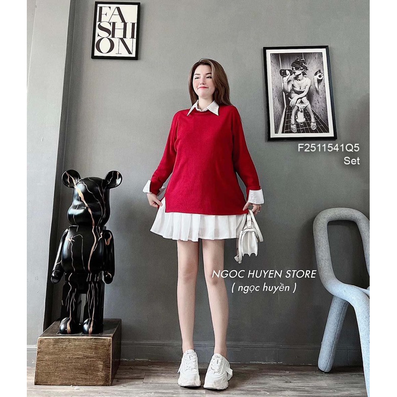 Set áo thun đỏ tay dài phối đầm sơ mi trắng cá tính VIENS STORE